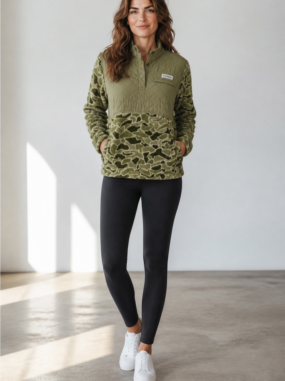 Magellan Outdoors Olive Green Quilted & Fleece Pullover Teddy Jacket